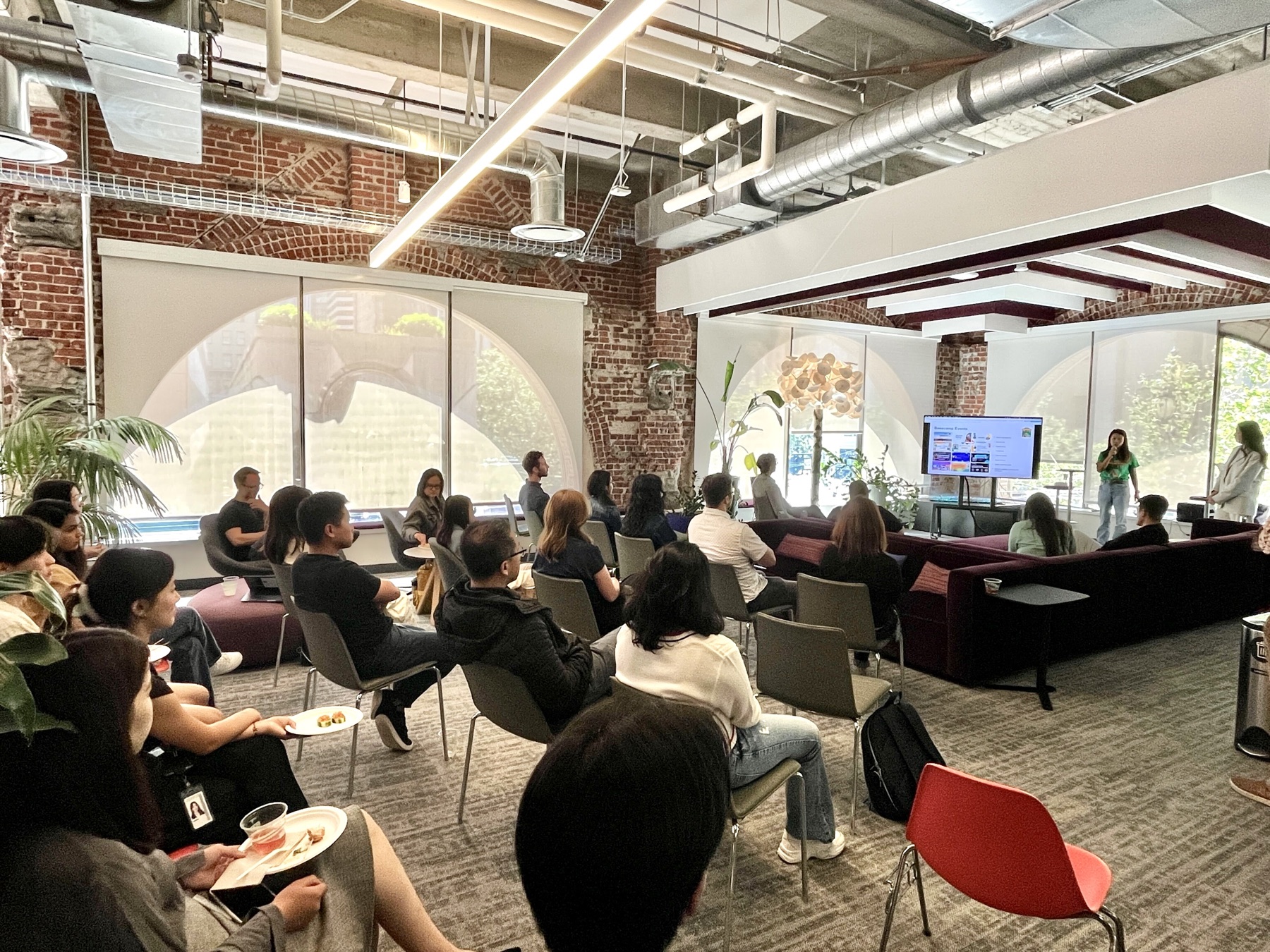 A large audience gathered for a live Basecamp and Autodesk Young Professional Network presentation on Generative AI.