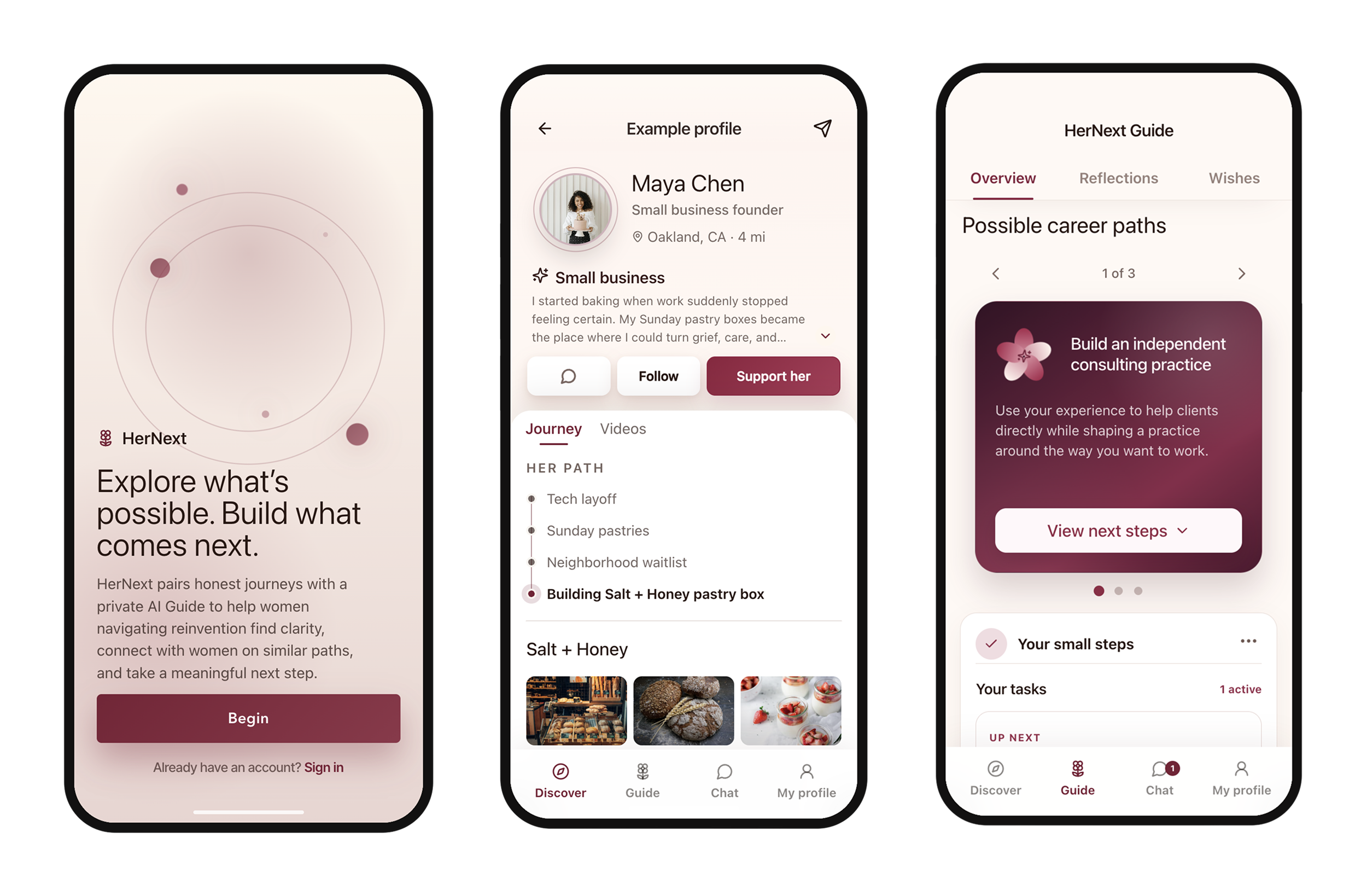 Three HerNext mobile product screens showing onboarding, a member journey, and AI-guided next steps.