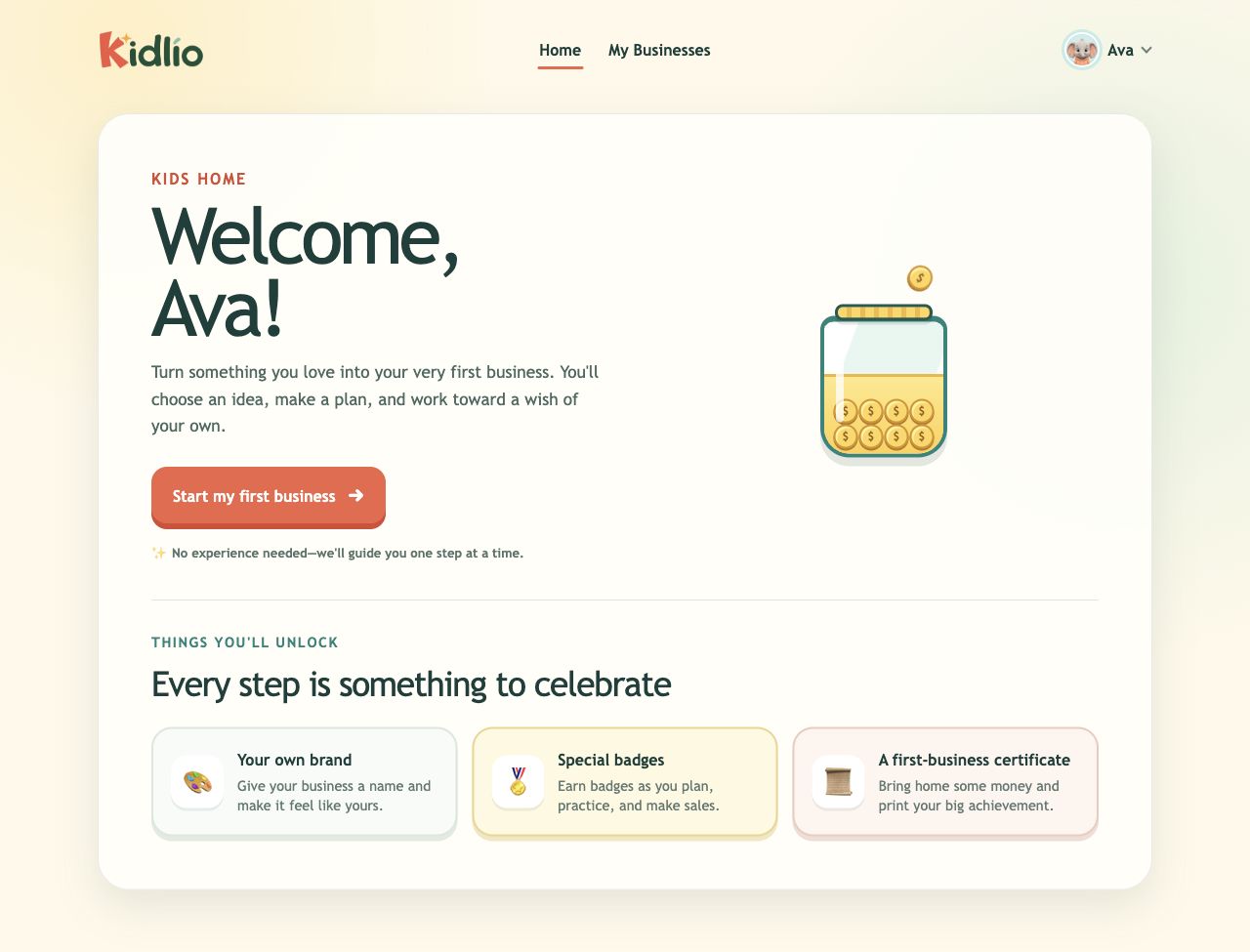 Kidlio child home showing the experiences and milestones a child can unlock.