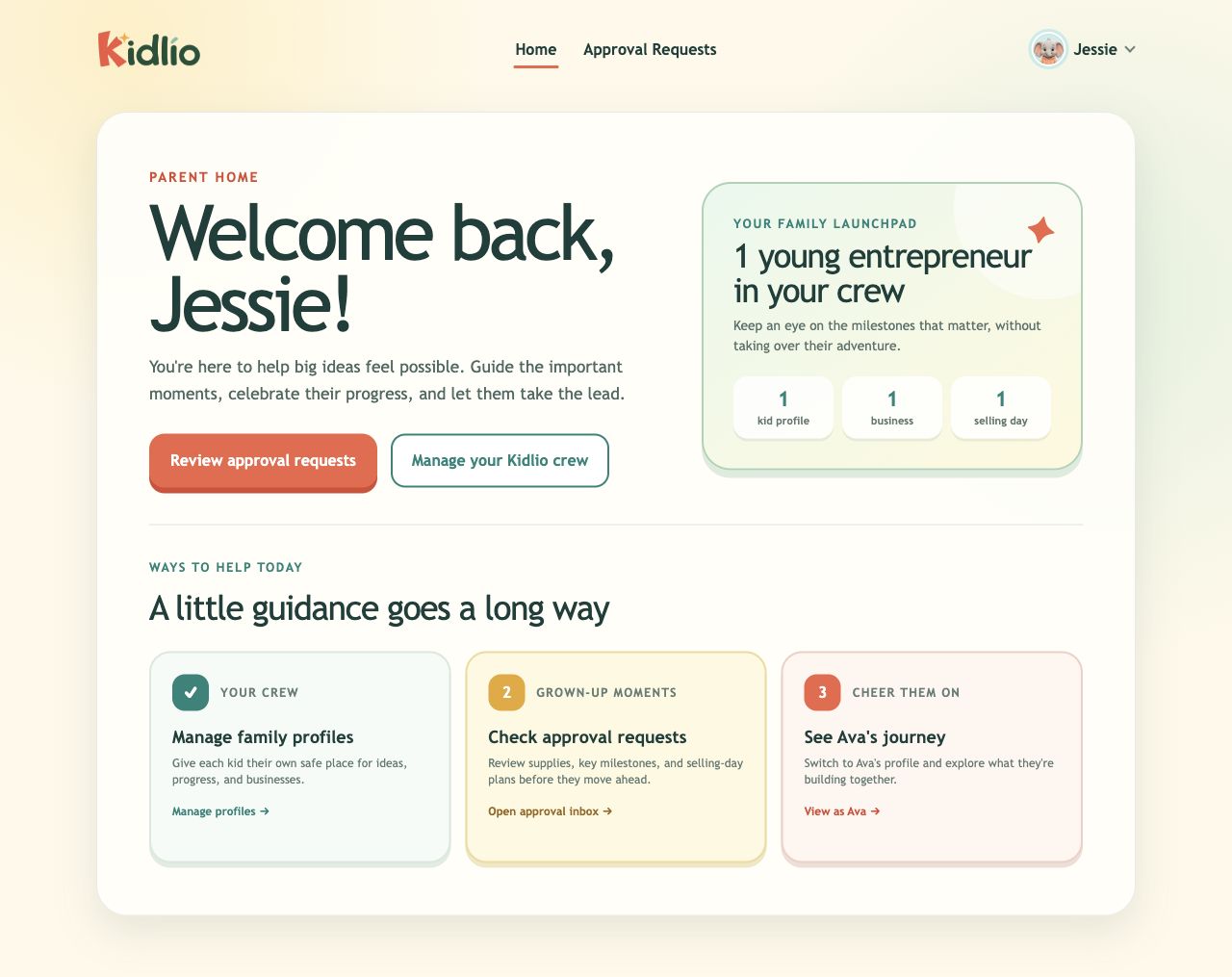 Kidlio parent dashboard with approval requests, family-management actions, and an overview of the child’s activity.