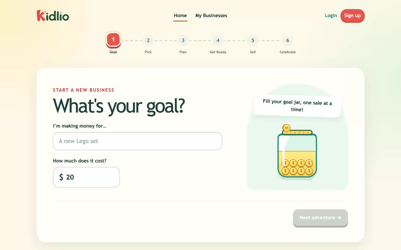 Kidlio goal setup screen from the core experience walkthrough.