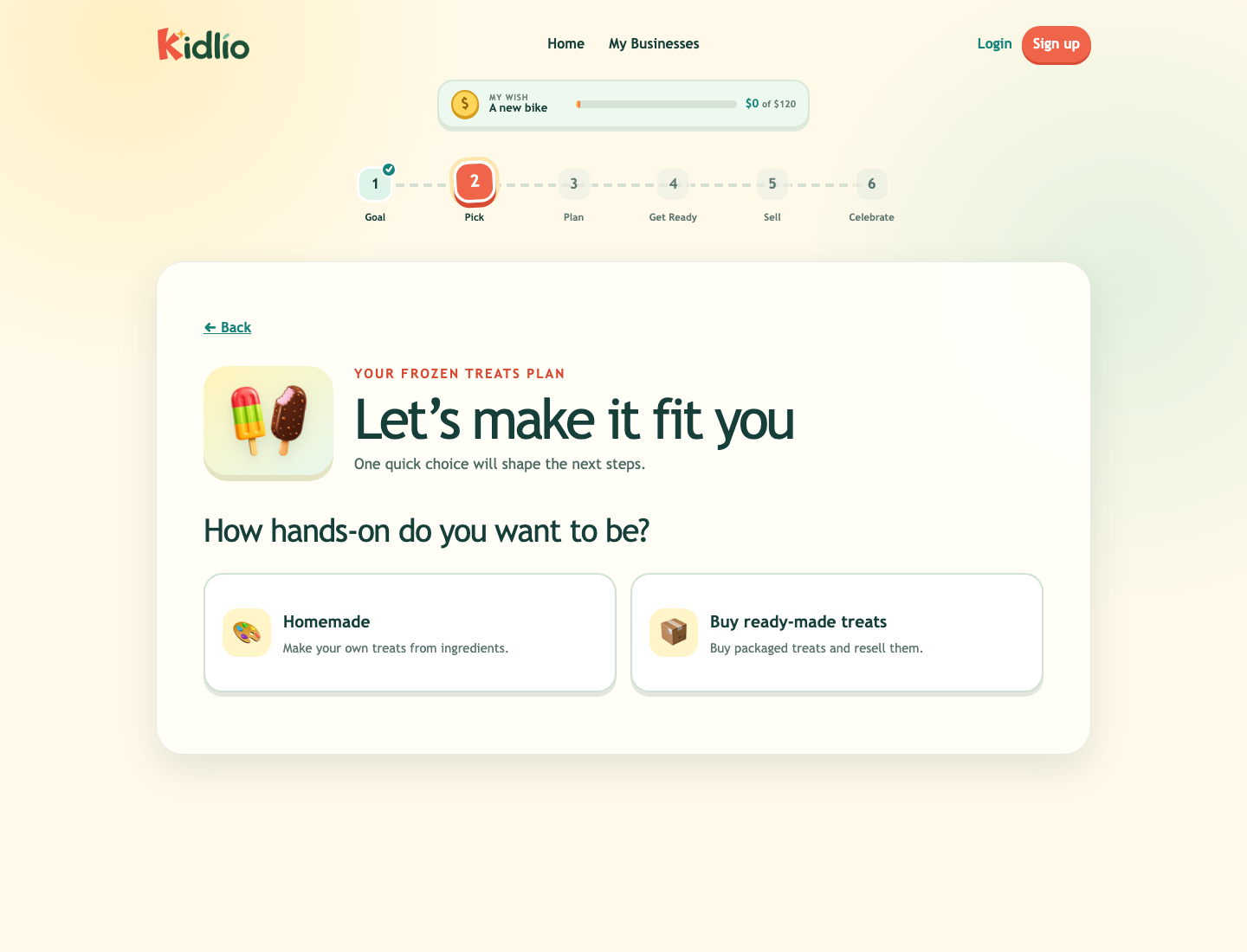 Desktop Kidlio screen offering homemade or ready-made frozen treats as two ways to start.