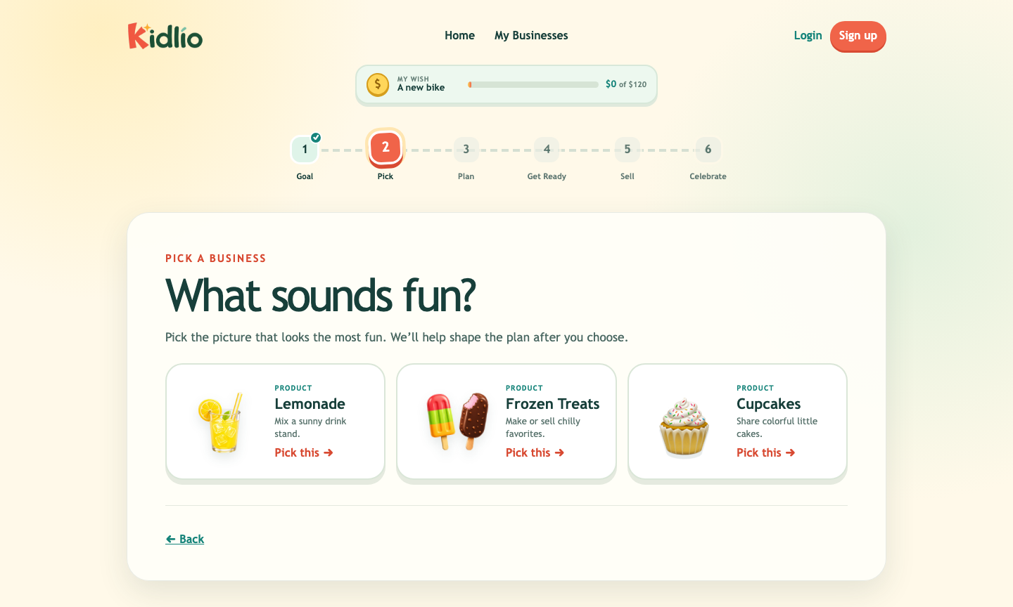 Current desktop Kidlio business picker focused on lemonade, frozen treats, and cupcakes.