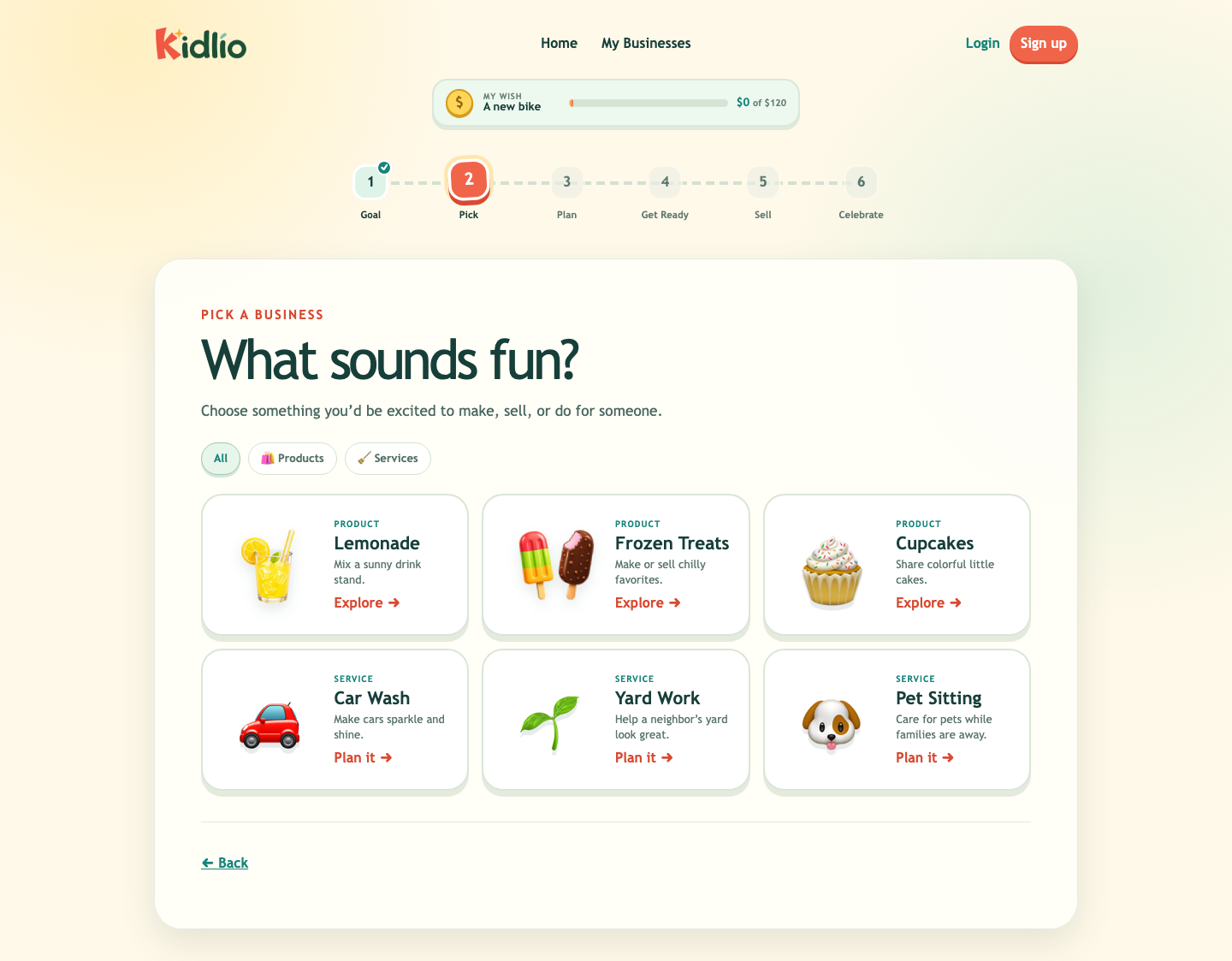 Historical desktop Kidlio business picker with three products and three services: car wash, yard work, and pet sitting.