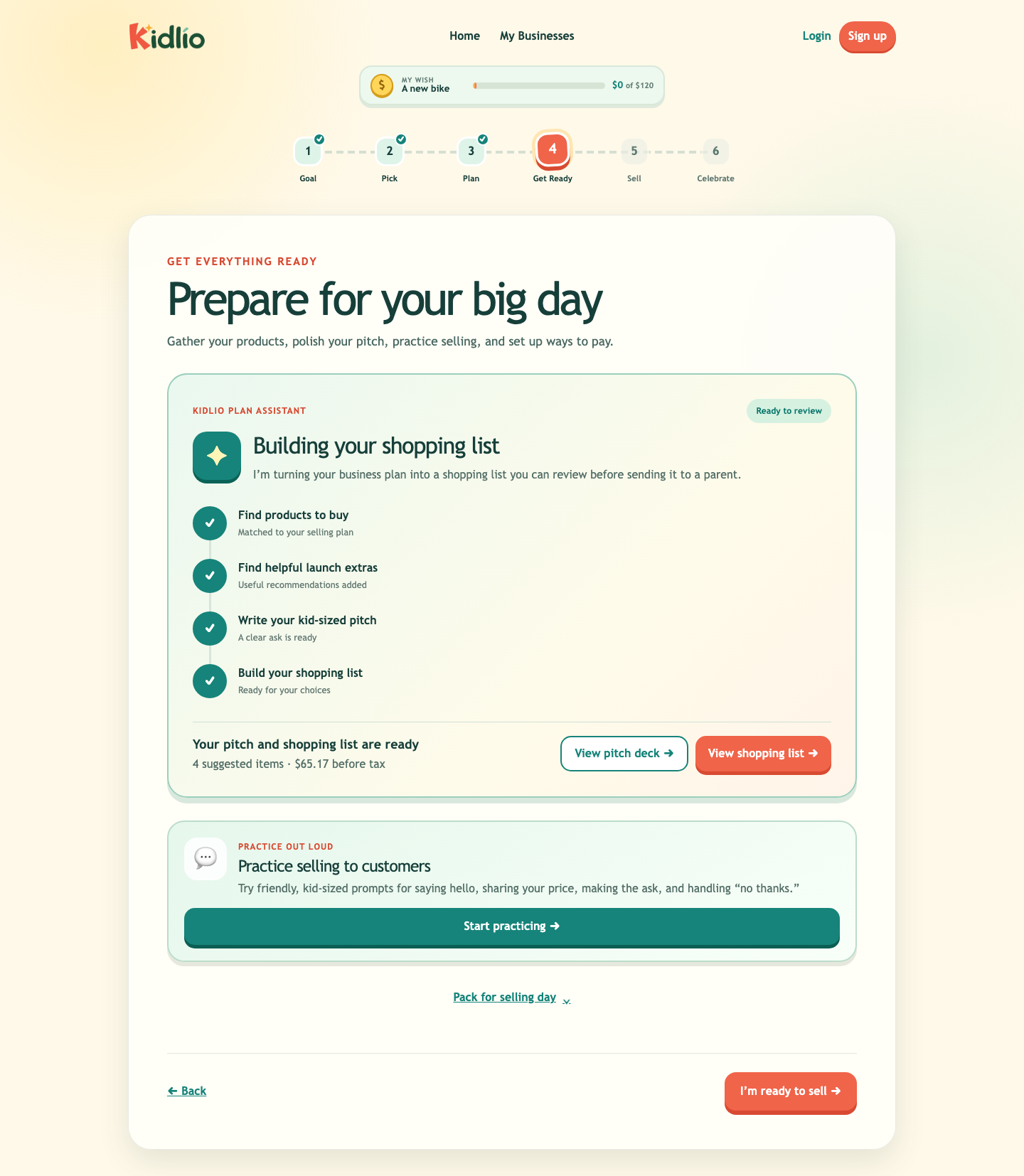 The Kidlio Get Ready experience shown inside a laptop, with the six-step journey and AI-prepared shopping list, pitch deck, and selling practice.