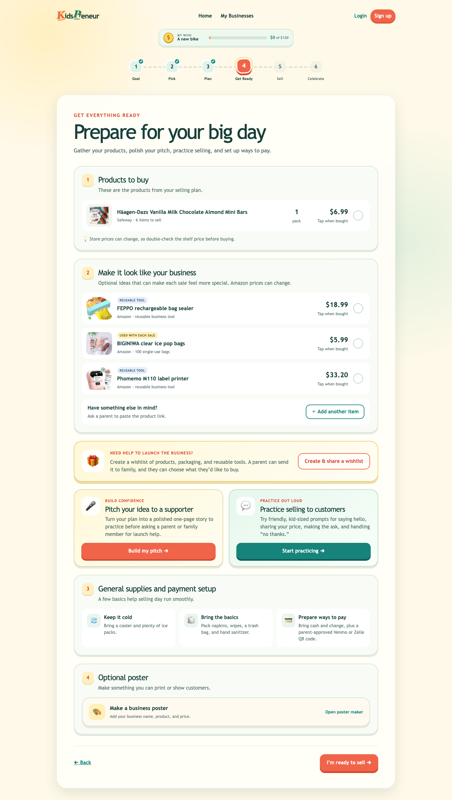 Historical full desktop Kidlio Get Ready page combining products, supply recommendations, adding products, a family wishlist, pitch building, selling practice, payment setup, and poster creation.