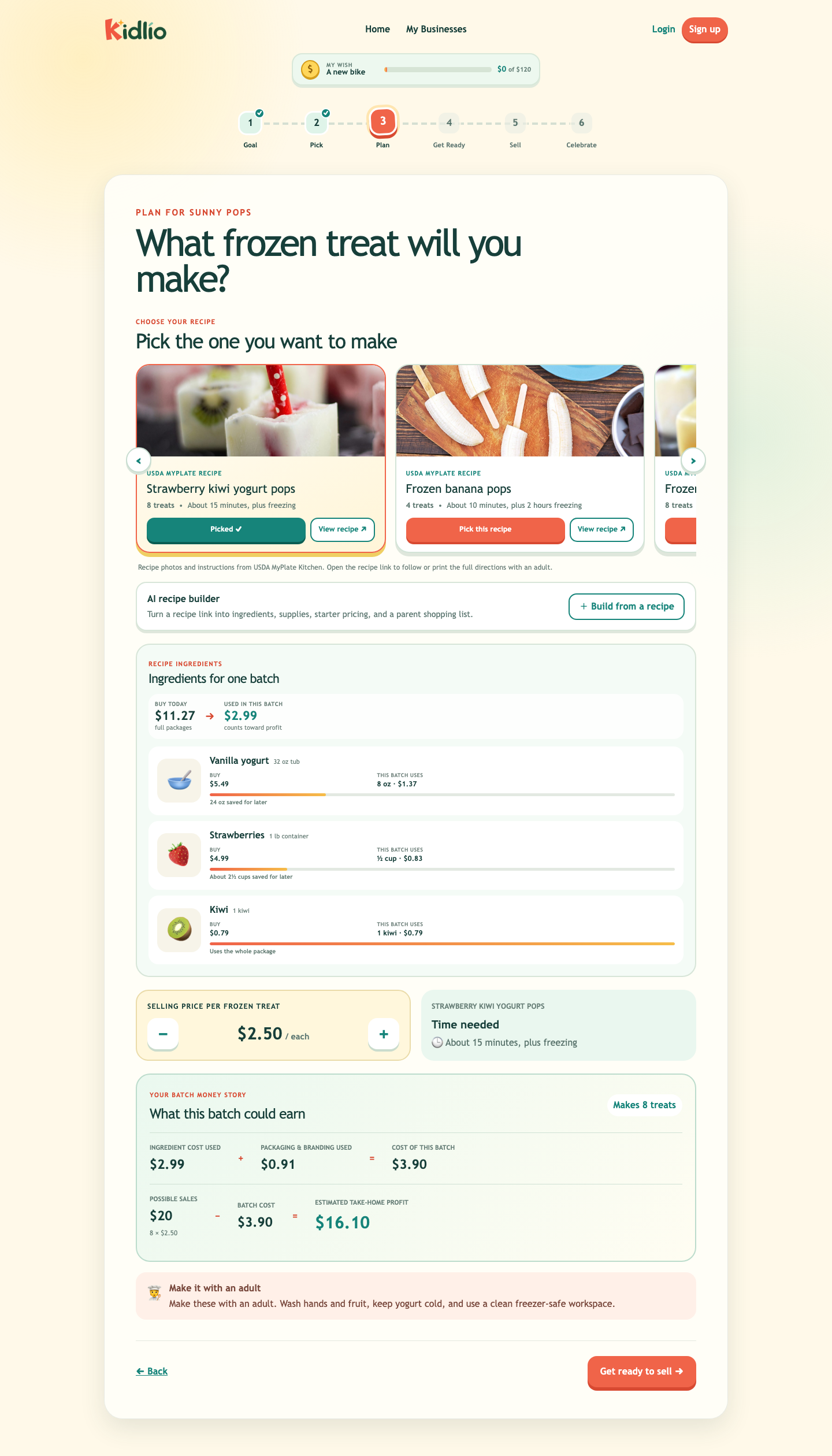 Desktop Kidlio frozen-treat planning screen centered on recipes, ingredients, and making products from scratch.