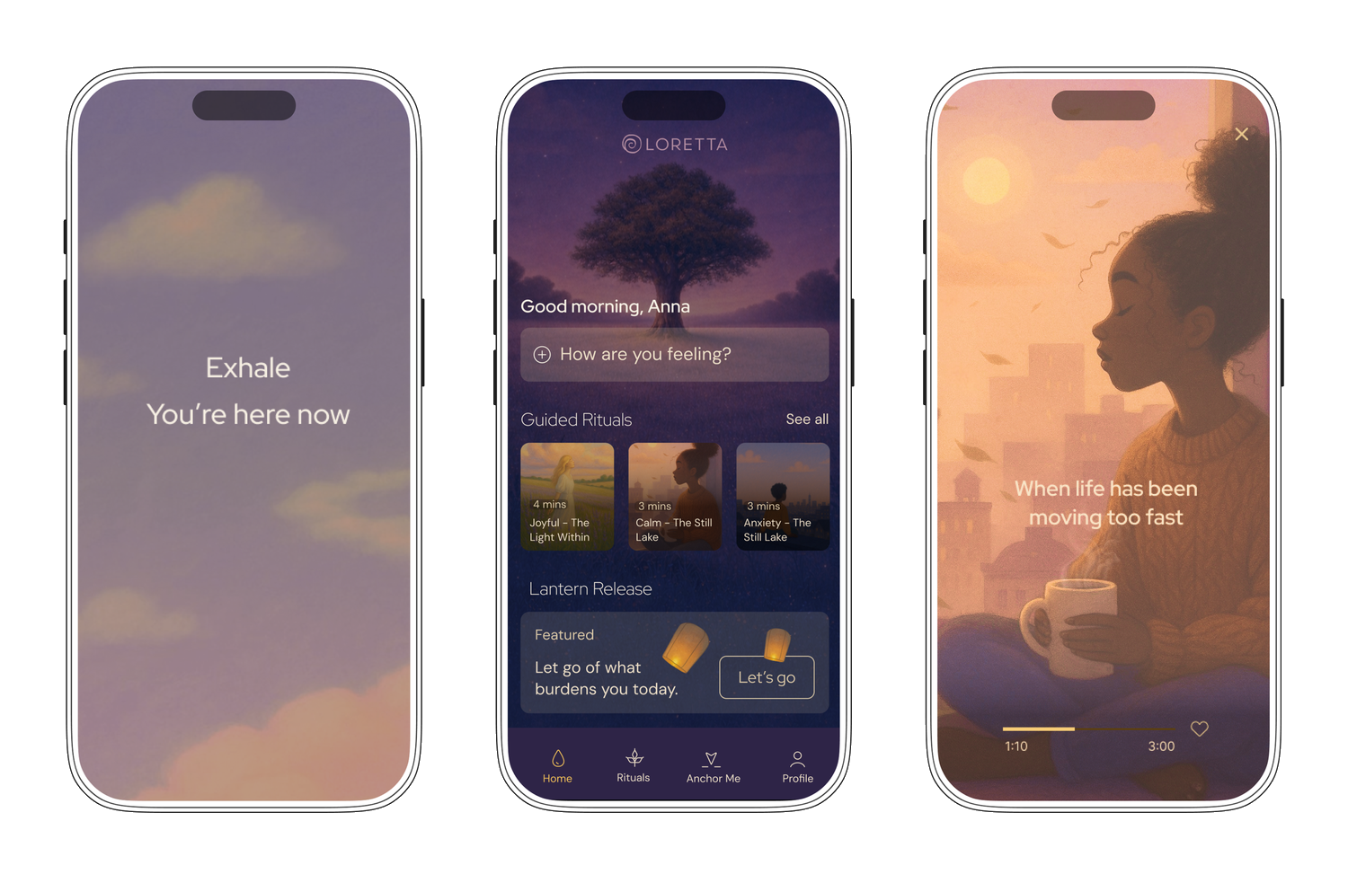 Three Loretta mobile screens showing a breathing moment, the guided ritual home, and an illustrated ritual.