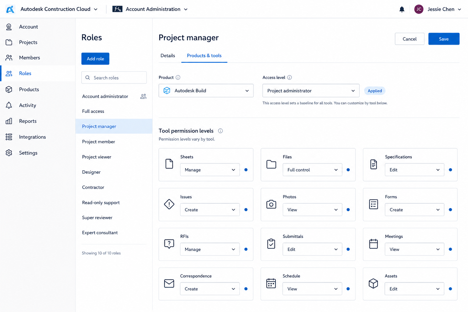 The Autodesk Construction Cloud tool permission levels interface shown inside a laptop.